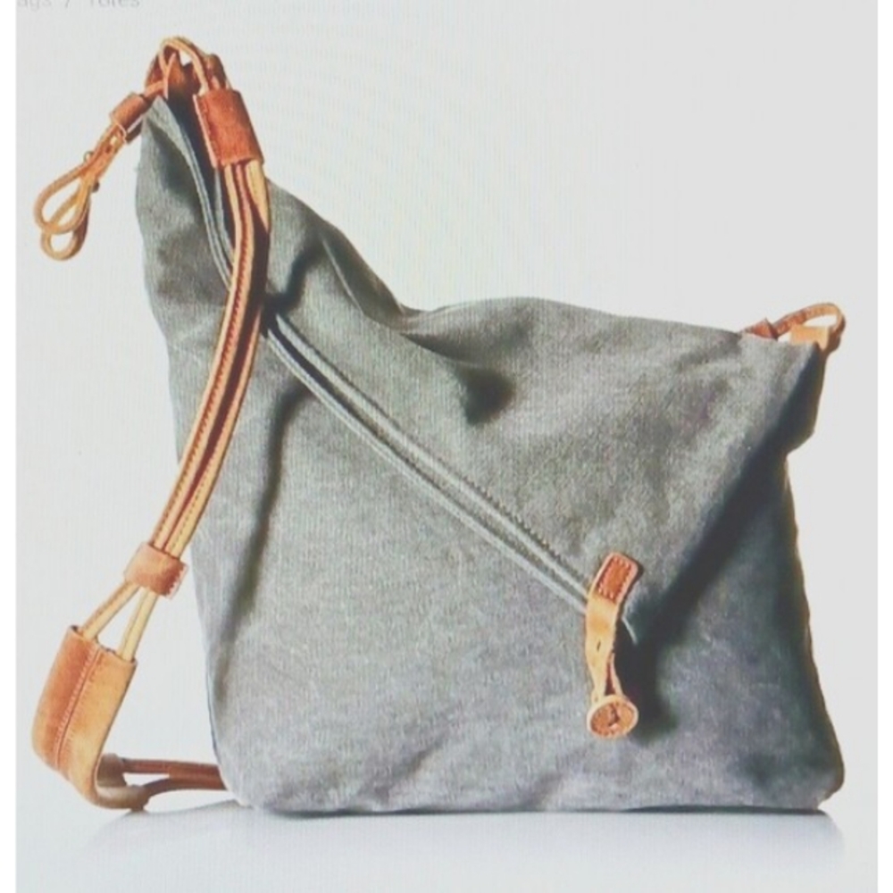 Tom Clovers Gray Canvas Cedar Brown Leather Trim Foldover Crossbody Bag